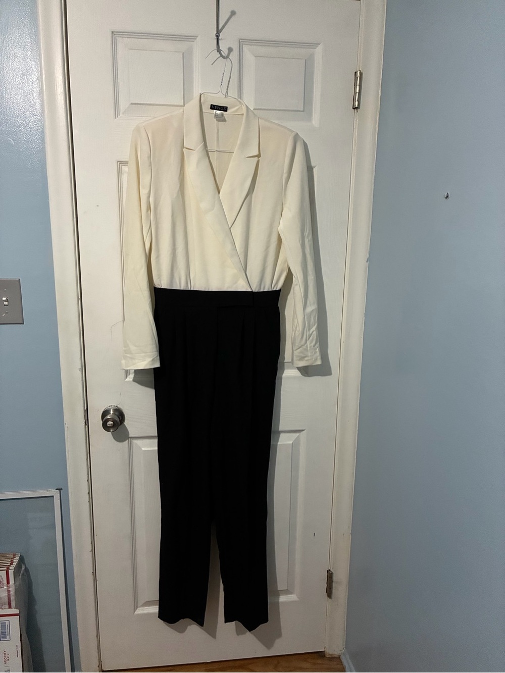 VENUS Cream Wrap-Style Top Black Tailored Jumpsuit
